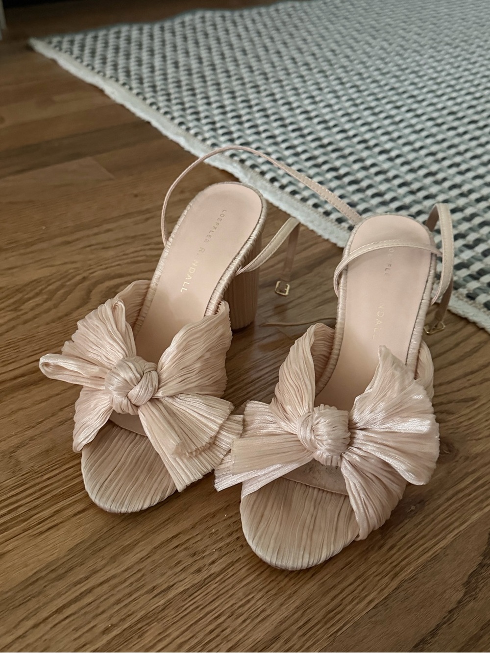 Loeffler Randall Pleated Bow Block Heel Sandals in Blush Pink